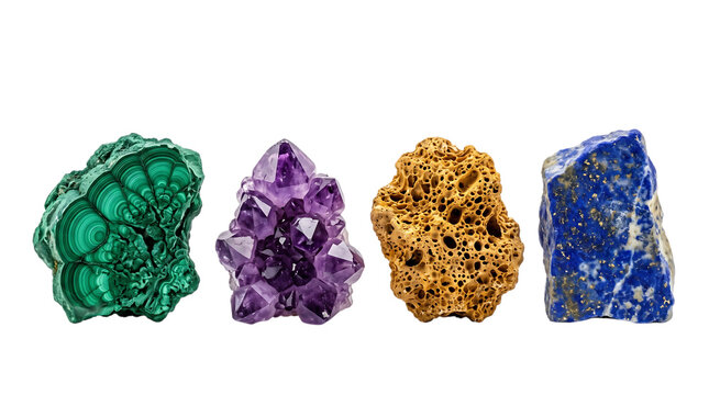 Four vibrant gemstones including malachite amethyst citrine and lapis lazuli displayed against a dark background for dramatic effect