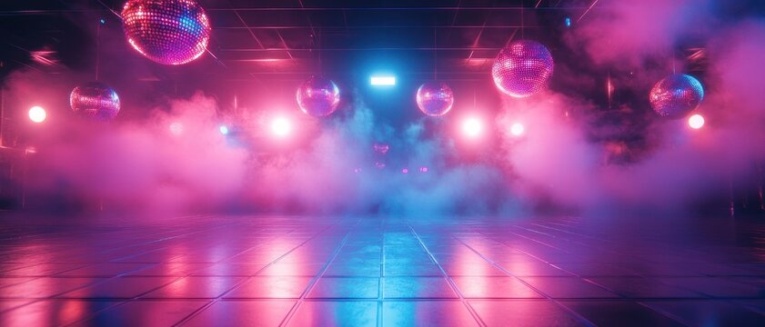 Empty retro dance floor with multiple disco balls, thick colored fog, blue and pink spotlights and reflective tiled floor creating a dreamy nostalgic party atmosphere