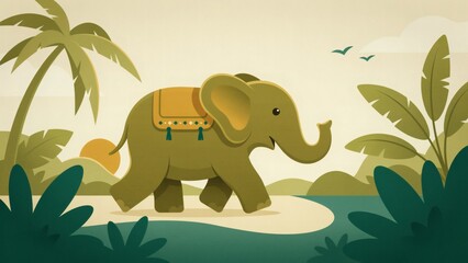 Naklejka premium Cute stylized elephant walking through tropical jungle landscape illustration with vector illustration friendly