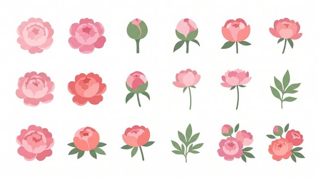 Set of Pink Peony Flower Icons for Design and Decoration