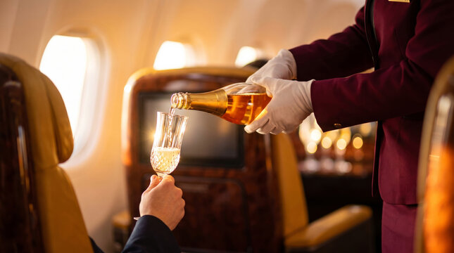 Professional flight attendant pouring champagne for passenger in luxury first class airplane cabin during sunset