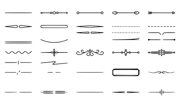 Decorative text divider and page separator line icon set for classic wedding invitation layout formatting and certificate typography design