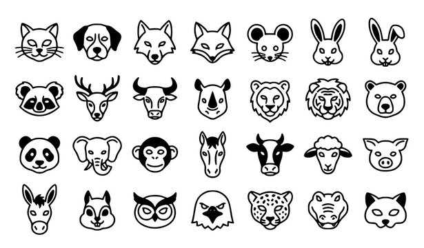 Animal face avatar line icon set featuring wild zoo safari and domestic mammal badges for pet logo emblem design