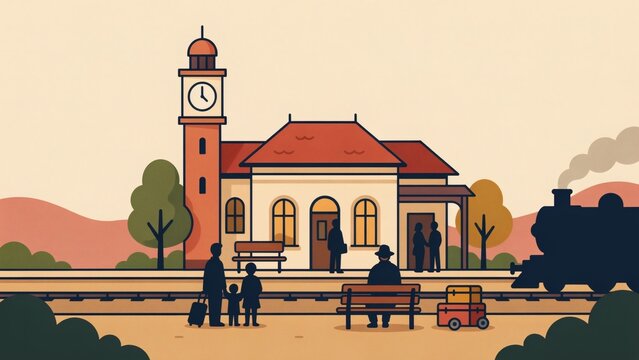 Vintage railway station platform scene featuring passengers waiting for steam train arrival with vector illustration vintage