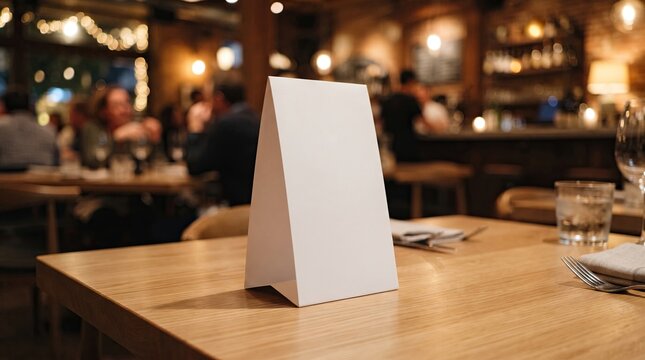 Blank white table tent card standing on a wooden restaurant table with blurred interior background for advertisement