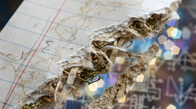 Torn notebook paper revealing digital science background