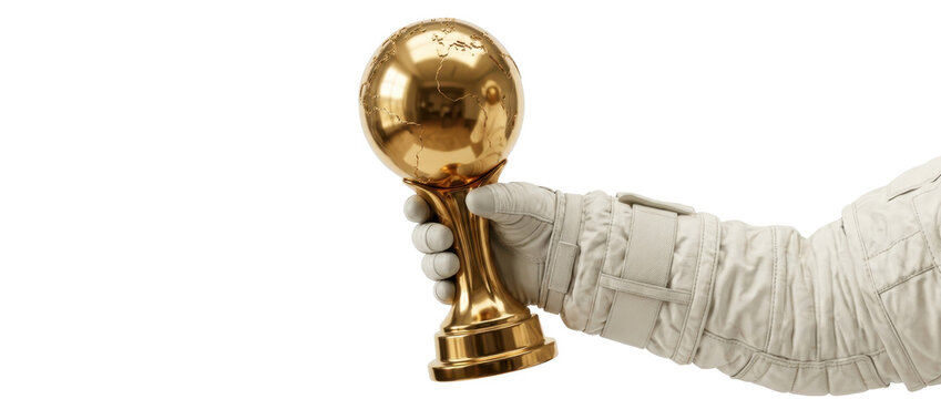 Astronaut gloved hand holding shiny gold trophy cup isolated white background studio lighting stock photography marketing asset