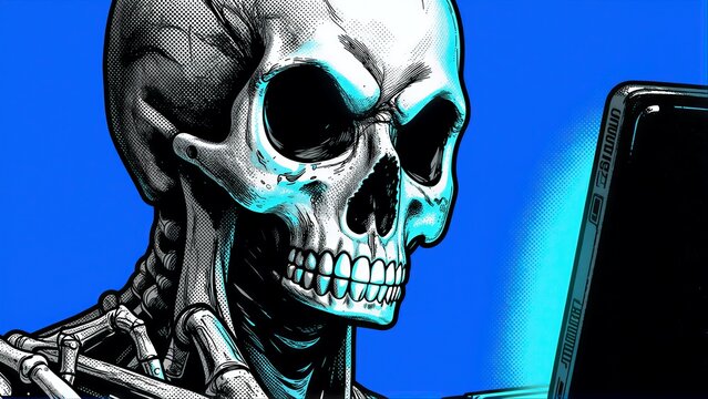 Skeleton smiles while using a laptop, blue background with halftone effect.