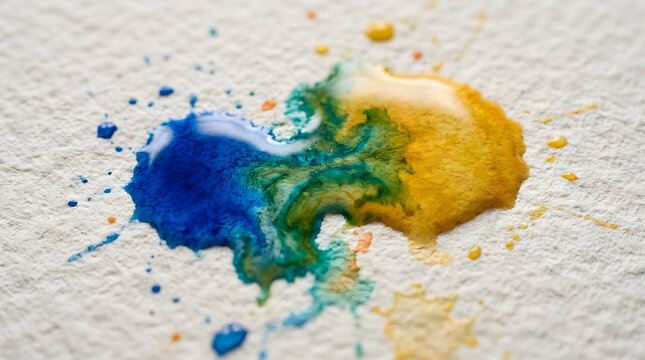 Abstract watercolor paint splatter in blue and yellow on paper