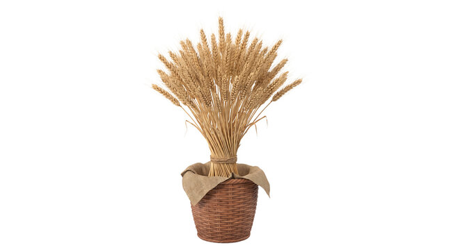 Bundle of dried wheat ears in a wicker basket with burlap. Harvest decorations, autumn rustic composition, organic farming, golden grain plants, vintage still life.