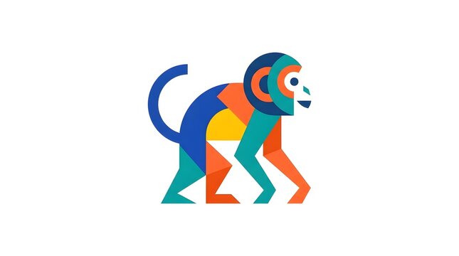 Minimalist flat vector illustration of a stylized monkey mascot, geometric animal icon with colorful shapes on a white background