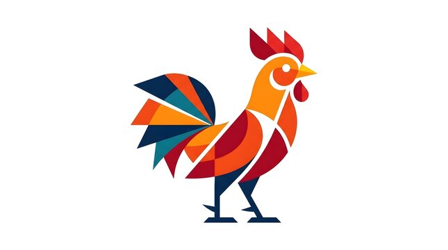 Modern geometric rooster logo design with colorful abstract shapes