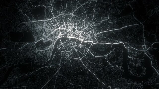 Abstract glowing network map of London city streets and River Thames at night