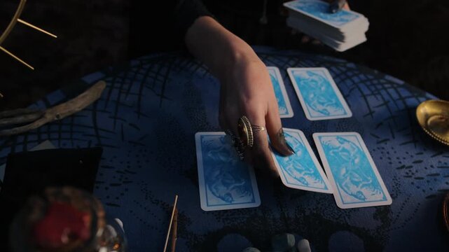 Right hand wearing ornate rings places blue-backed cards from deck into four-card layout on patterned dark blue tablecloth