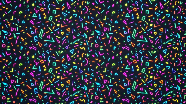 Retro 80s style seamless pattern with colorful neon geometric shapes and confetti on dark background neon colors vintage pattern abstract pattern neon glow