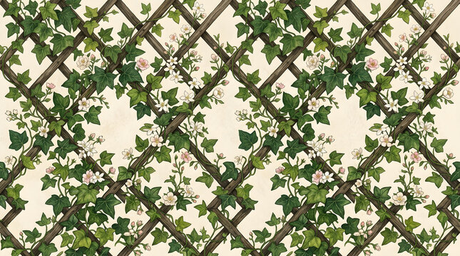 Green ivy leaves and small white flowers climbing on a wooden trellis fence pattern with climbing plants garden fence floral pattern nature background