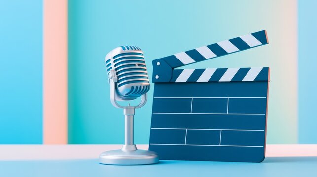 Vintage silver microphone and black film clapper board on pastel blue background