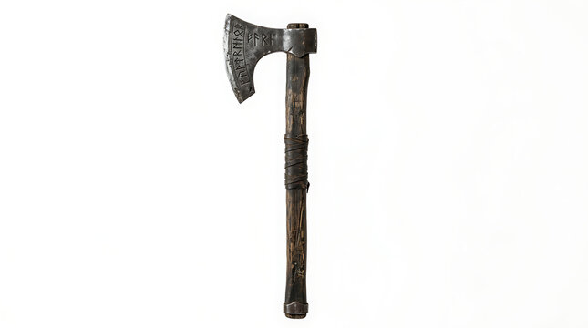 A rustic ancient Viking battle axe with engraved runic symbols isolated on white background