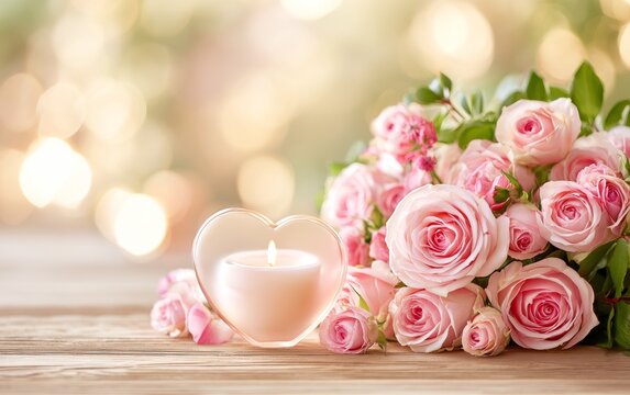 Soft pink rose bouquet with romantic heart shaped candle on wooden surface