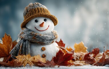 Obraz premium Cute snowman with knitted hat and scarf surrounded by colorful autumn leaves on snow