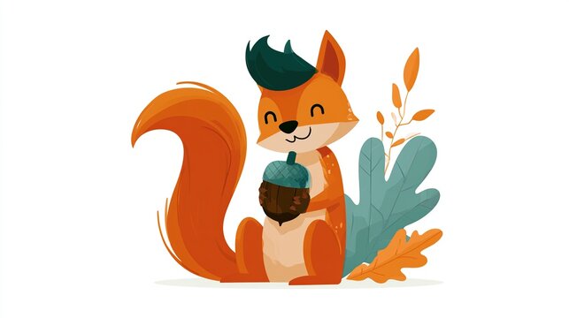 Happy Squirrel with Acorn in Autumn Leaves