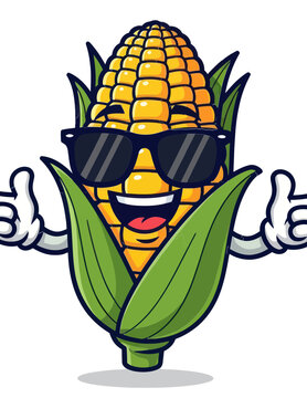 A cool cartoon corn cob character wearing black sunglasses and pointing fingers