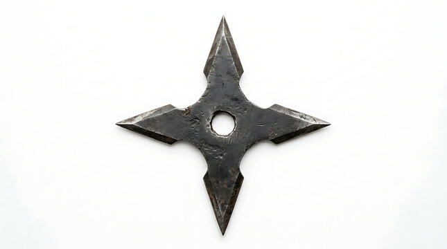 A traditional Japanese shuriken throwing star made of dark weathered metal on white background