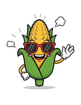 A cool cartoon corn cob character wearing red sunglasses and waving its hand.
