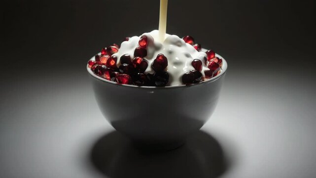 Bright red pomegranate arils inside a white ceramic bowl, thick cream streaming down from above