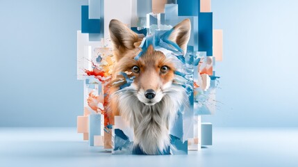 Naklejka premium Realistic fox face emerging through colorful abstract geometric shapes with paint splash effect