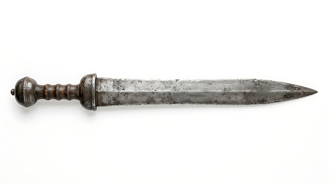 Ancient Roman Gladius sword with a weathered metal blade and dark wooden handle isolated