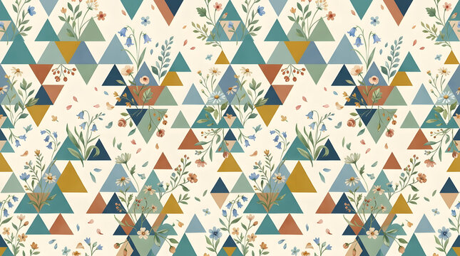 Geometric triangle pattern wallpaper with retro floral botanical illustrations in teal blue and mustard yellow geometric triangles botanical wallpaper