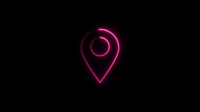 Neon pink map pin location glowing on black background, for navigation and, travel tech