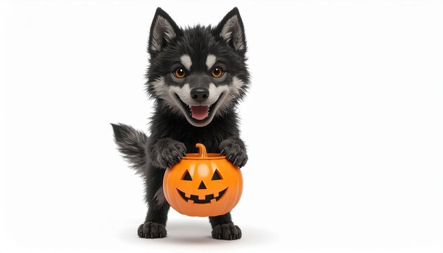 Cute black wolf puppy holding a carved Halloween pumpkin.