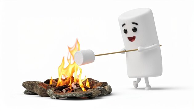 Cute Cartoon Marshmallow Character Roasting Another Marshmallow Over a Campfire.