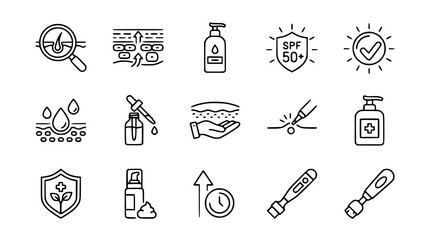 Fototapeta premium Skincare Icons Set: Sun Protection, Hydration, Anti-Aging, Beauty Treatments