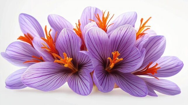 cluster of delicate purple crocus blossoms with vivid orange stigmas on a soft white background evoking fresh, serene elegance