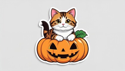 Fototapeta premium Cute tabby cat sitting inside a carved Halloween pumpkin jack o lantern.