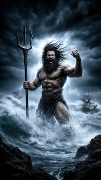 Poseid&oacute;n, dios del mar, dios griego, mitolog&iacute;a griega, deidad marina, dios del oc&eacute;ano, tridente, tridente de Poseid&oacute;n, hombre musculoso, guerrero, barba, cabello largo, figura imponente, oc&eacute;ano, mar e