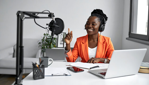 Woman with headphones speaking into microphone, recording podcast or broadcast, laptop and papers on desk