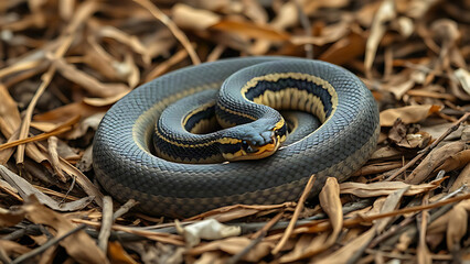 Obraz premium Common adder coiled on dry heathland leaves, wildlife reptile in natural habitat