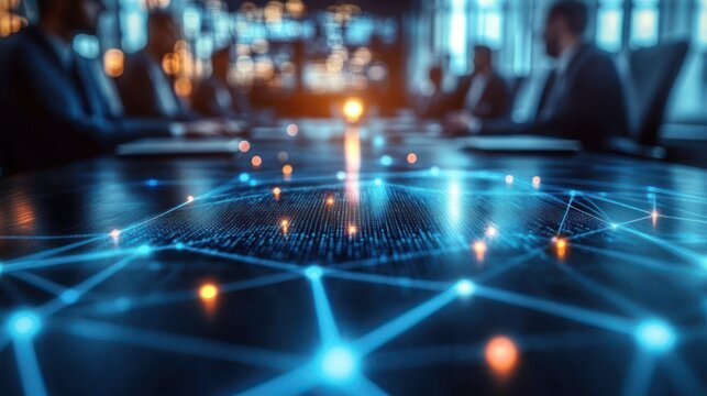 futuristic glowing digital network hologram spread across a conference table with blurred businesspeople in a focused collaborative meeting