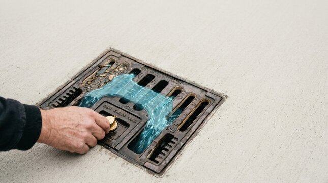 Man opening a drain as a visual representation of urban flood resilience with a recognizable storm drain grate concept