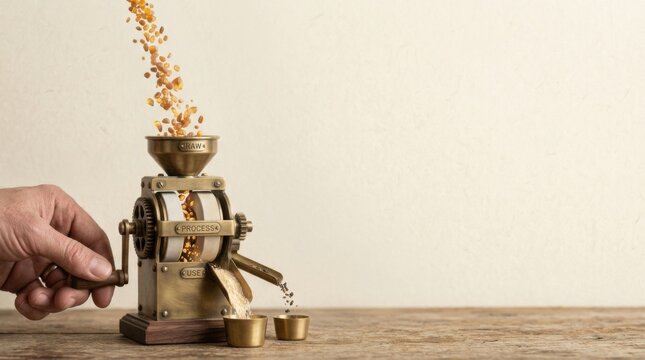 Person's hand pressing a coffee grinder to visualize food-system efficiency with a recognizable miniature grain mill mechanism