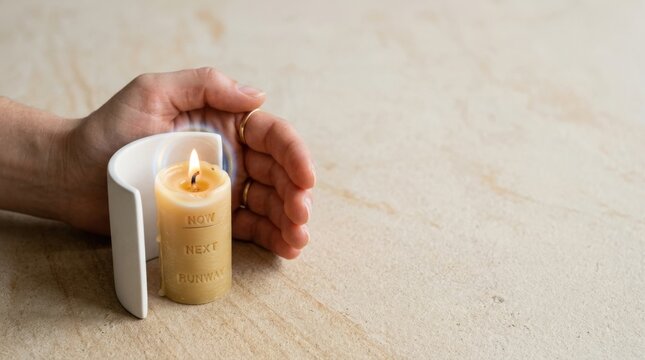 Hand shielding a candle as a symbol of finite resource consumption over time in startup burn rate visualization