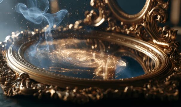 Ornate golden mirror frame reflecting a swirling cosmic vortex with ethereal smoke rising. Concept of magic, fantasy, and mysticism