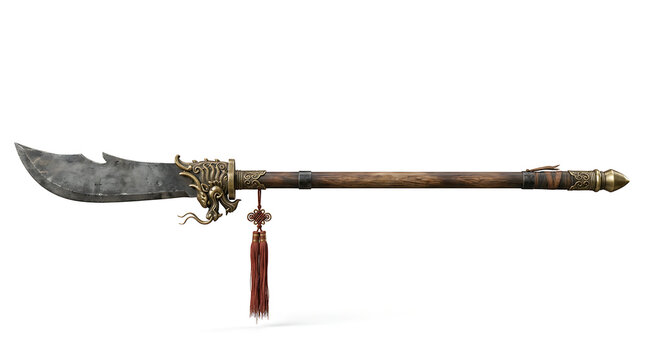 Ancient Chinese Guan Dao Polearm Weapon with Dragon Ornament Isolated on White Background