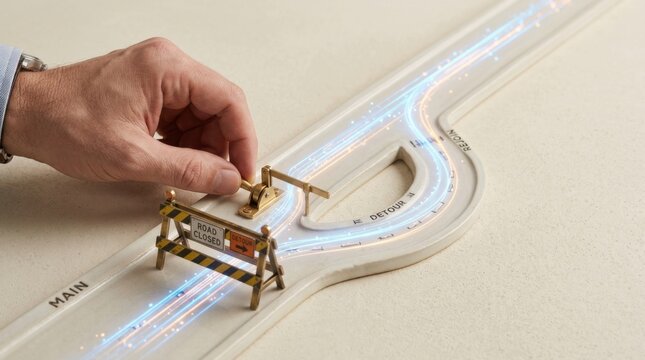 A hand holding a light illuminating a toy car positioned next to a miniature road detour barrier for supply chain recovery