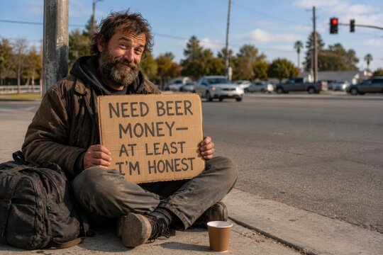 Homeless man holding sign asking for money for beer at busy intersection