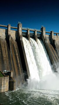 Massive concrete dam structure with water powerfully cascading down, creating mist and spray under a clear blue sky, representing hydroelectric power generation